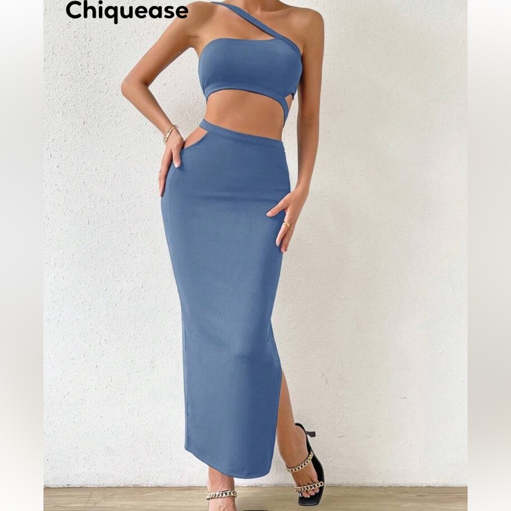 One Shoulder Crop Top Split Thigh Skirt Dusty Blue